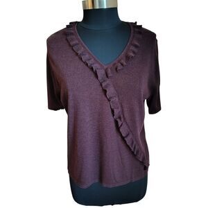 Urban Works Burgundy Ruffle Asymmetric V-Neck Knit Short Sleeve Sweater Size M